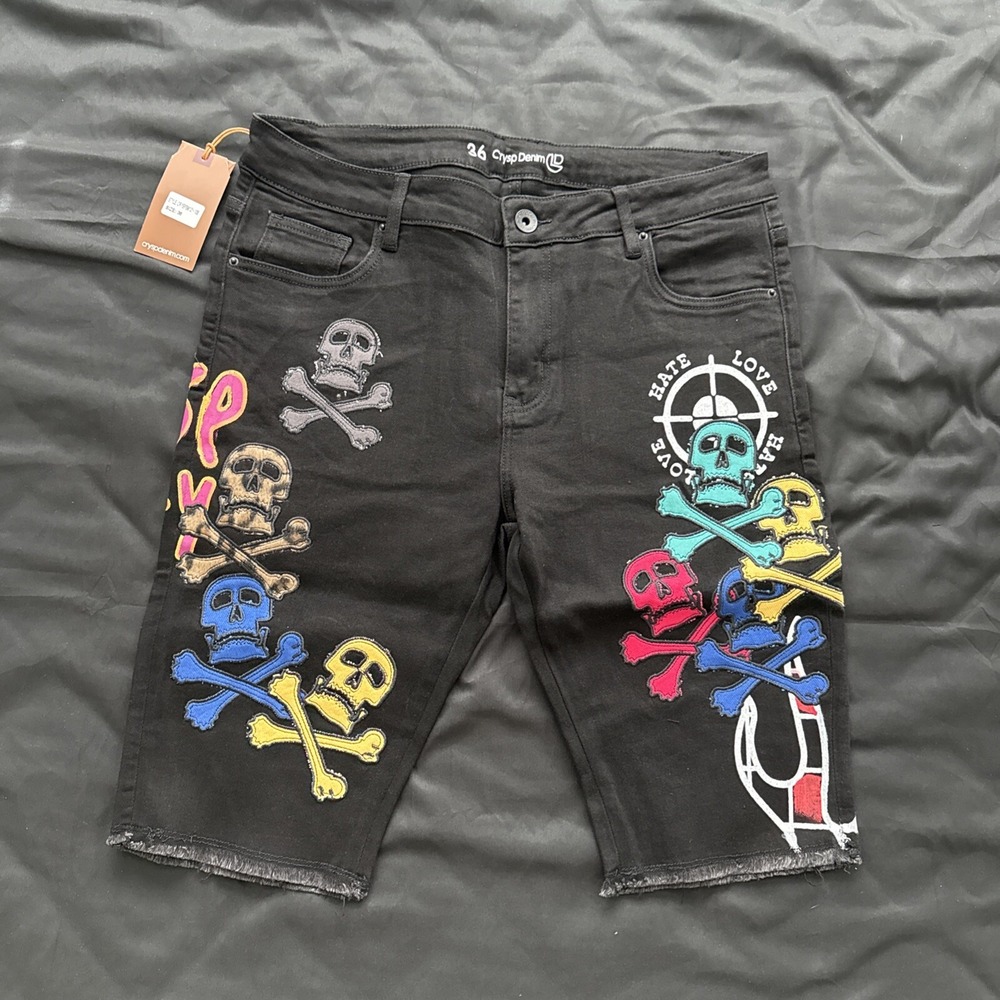Crysp Denim Jean Shorts Jorts Mens 36 Black Stretch Denim Skull Embroidered Y2K